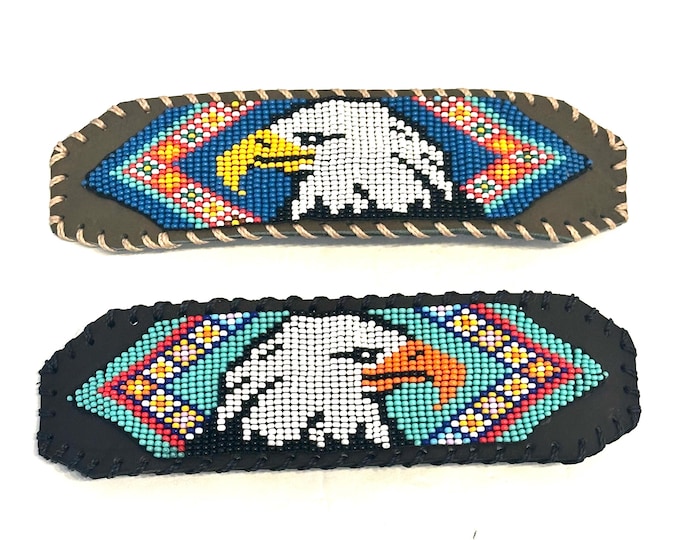 Unisex Leather Beaded Wide Cuff Bracelet /Eagle Bead Work Design