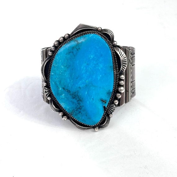 134 Gr. Vintage Navajo Solid Sterling Silver & Kingman Turquoise Cuff Bracelet By Herman Slinkey