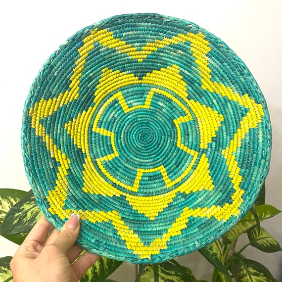 12.5” Shallow Woven Basket, Southwestern Decor, Bohemian Decor, Hippie Chic Decor