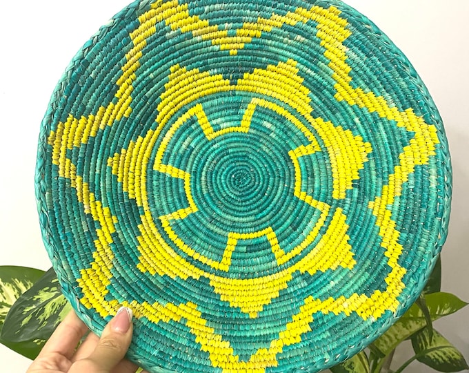 12.5” Shallow Woven Basket, Southwestern Decor, Bohemian Decor, Hippie Chic Decor