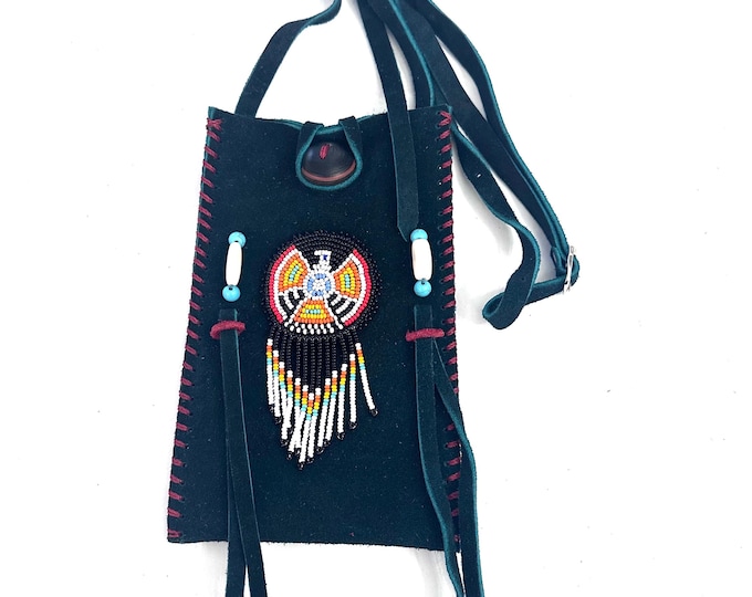 Small Handmade Medicine Leather Bag with Seed Bead Work
