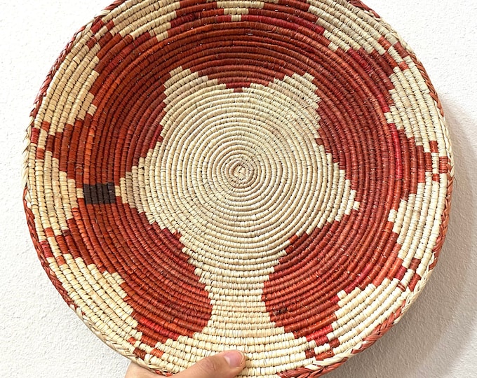 14" Shallow Woven Basket, Southwestern Geometric Decor