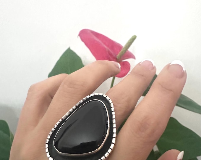 Large Tom Coriz Santo Domingo Black Onyx & Sterling Silver Ring SZ 8 3/4
