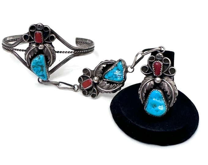 Vintage Navajo Sterling Silver Turquoise and Coral Slave Cuff Bracelet & Ring By Harry B. Yazzie (B048)