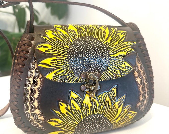 Mexican Tooled Leather Shoulder Bag, Sunflower Design, Adjustable Strap, Boho Bag