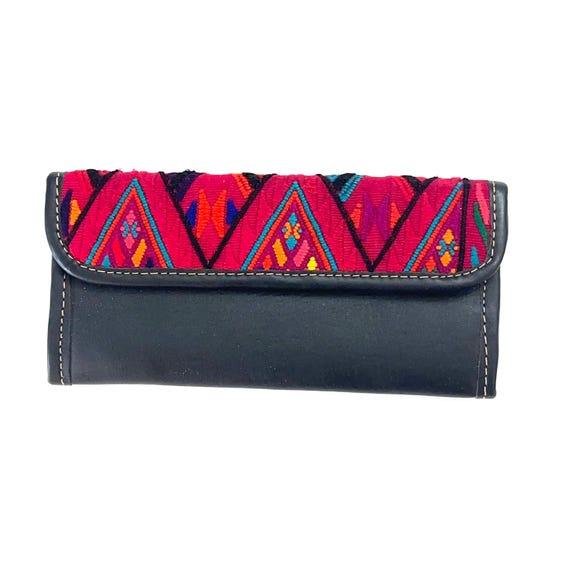 Guatemalan Leather Trifold Wallet, Embroidered Mayan Design Wallet With Check Book Slit