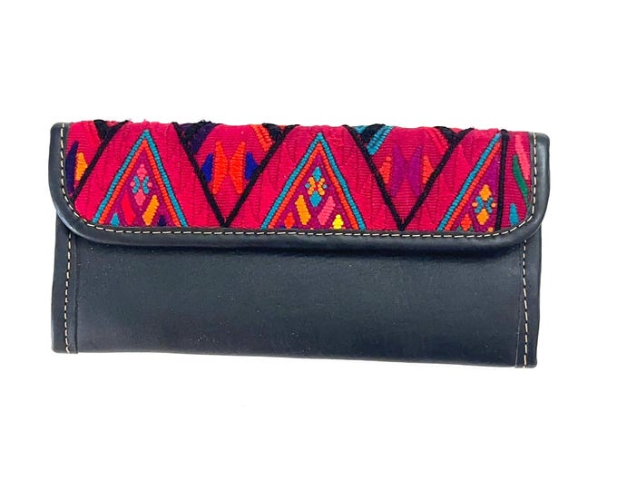 Guatemalan Leather Trifold Wallet, Embroidered Mayan Design Wallet With Check Book Slit