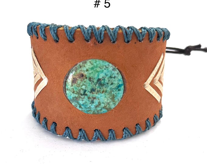 Adjustable Genuine Leather & Chrysocolla Stone Cuff Bracelet, Unisex