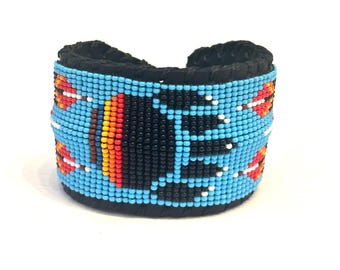 Unisex Leather Beaded Wide Cuff Bracelet / Bead Work, Paw Design