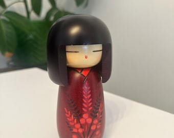 Masae Fujikawa Hand-Painted Kokeshi Doll, Red Floral Kimono Wood Art