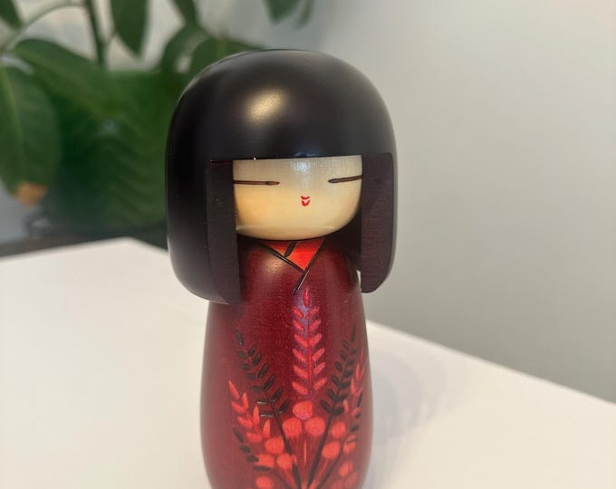 Masae Fujikawa Hand-Painted Kokeshi Doll, Red Floral Kimono Wood Art