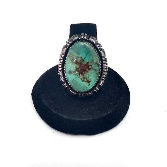 Sz 7.75 Vintage Leslie Yazzie (Navajo) Sterling Silver and Green Turquoise Ring. Big and Bold