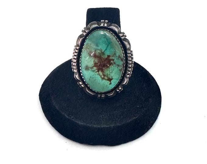 Sz 7.75  Vintage Leslie Yazzie (Navajo) Sterling Silver and Green Turquoise Ring. Big and Bold