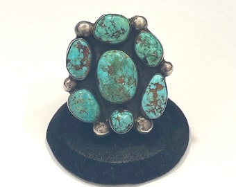 Huge Vintage Native American High Grade Turquoise Cluster Ring, Signed by Artist (A169)