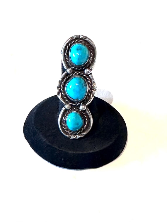 Sz 6, Vintage Navajo Southwestern Sterling Silver & Turquoise 3 Stone Ring (A009)