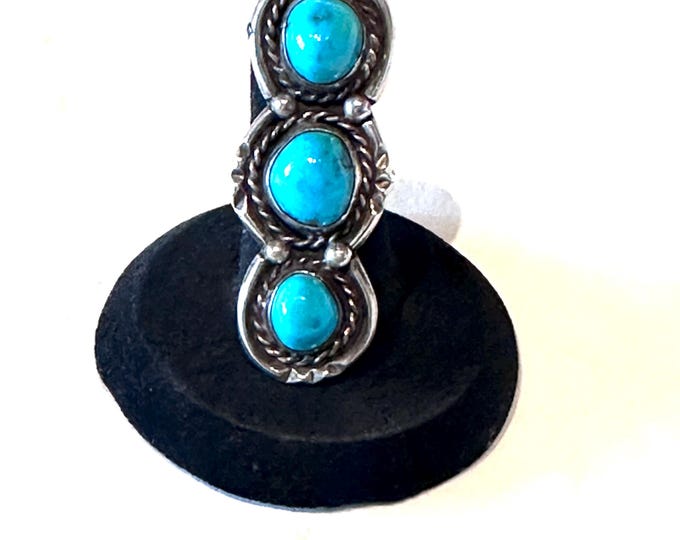 Sz 6, Vintage Navajo Southwestern Sterling Silver & Turquoise 3 Stone Ring (A009)