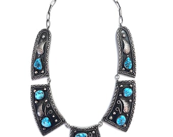 Vintage Navajo/ Native American Sterling Silver & Turquoise Bib Collar Necklace (N006)