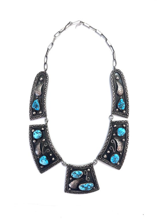 Vintage Navajo/ Native American Sterling Silver & Turquoise Bib Collar Necklace (N006)