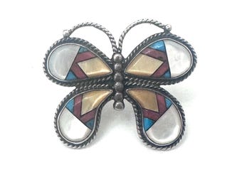 Huge Vintage Zuni Sterling Silver Turquoise, Onyx, MOP & Coral Inlay Butterfly Ring Sz. 8.5