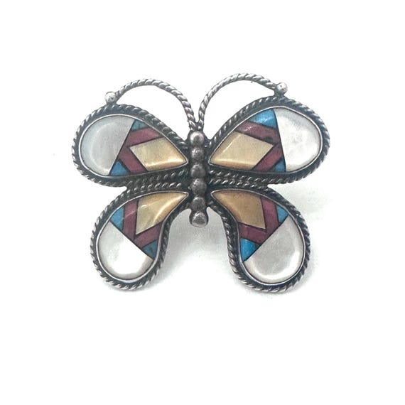 Huge Vintage Zuni Sterling Silver Turquoise, Onyx, MOP & Coral Inlay Butterfly Ring Sz. 8.5