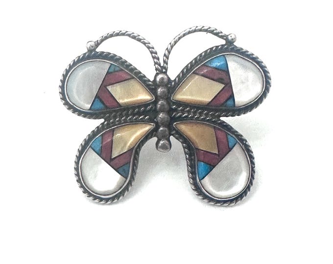 Huge Vintage Zuni Sterling Silver Turquoise, Onyx, MOP & Coral Inlay Butterfly Ring Sz. 8.5