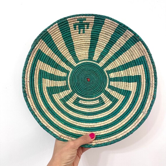 13.5" Shallow Woven Basket, Southwestern Style Decor, Bohemian Decor, Hippie Chic Decor