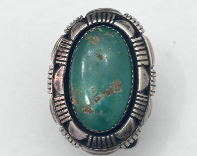 Sz 9 Vintage Navajo Sterling Silver and Green Turquoise Ring. Big and Bold