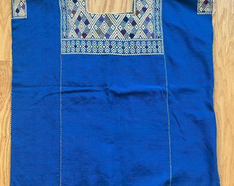 Vintage Guatemalan Huipil Poncho, Handwoven Blue Textile Size L