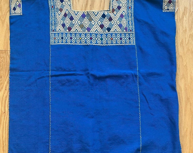 Vintage Guatemalan Huipil Poncho, Handwoven Blue Textile Size L