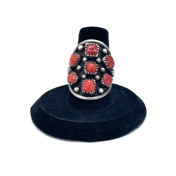 Sz 7 Vintage Navajo Mediterranean Red Coral Cluster Sterling Silver Ring (A033)
