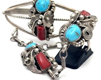 Vintage Navajo Sterling Silver Turquoise Coral Slave Cuff Bracelet & Ring By MAX C.