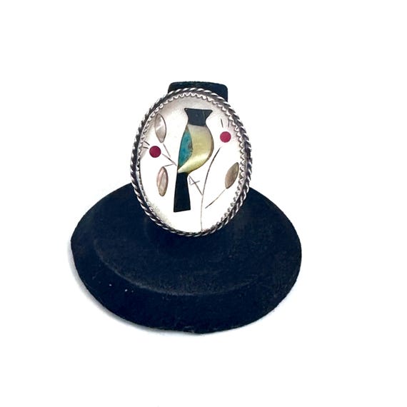 Sz 6  Vintage Zuni Sterling Silver Multi Stone Bird Inlay Ring (R056)