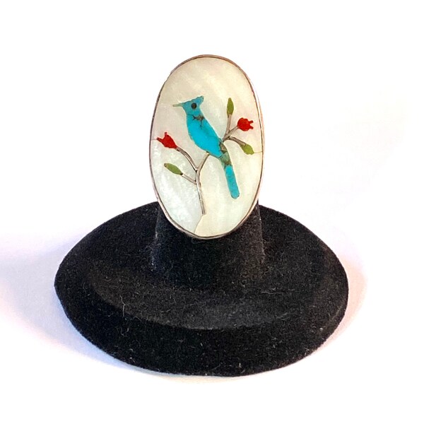 Size 6, Vintage Native American Sterling Silver Turquoise Inlay Bluejay Bird Ring (A079)