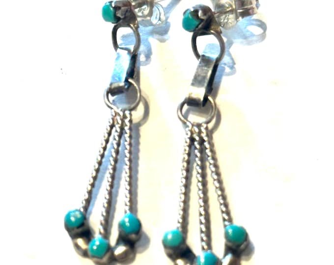 Vintage Zuni Dainty Sterling Silver & Needle Point Turquoise Earrings