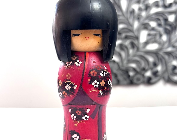 8'' Vintage Red Kimono Kokeshi Doll /Vintage Japanese Art/ Handmade / Wooden Girl Doll