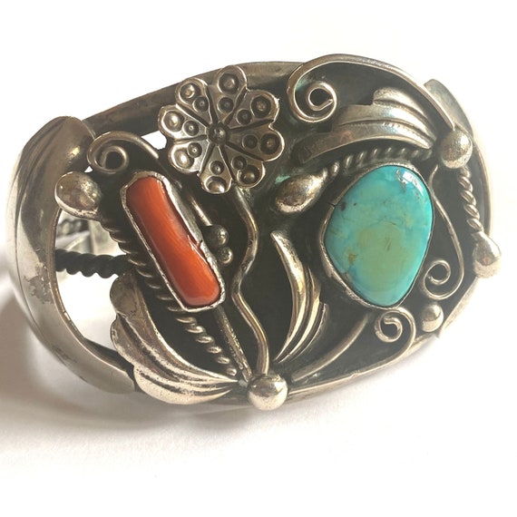 Vintage Navajo Sterling Silver Turquoise & Coral Cuff Bracelet by AJ B021