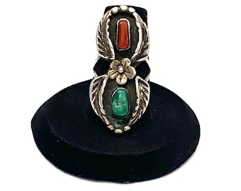 Size 6.25 Vintage Sterling Silver Navajo Turquoise & Coral Flower Squash Blossom Long Ring, A160