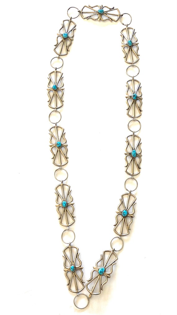 VTG Navajo Sand Cast Sterling Silver & Turquoise Ornate 37.5” Concho Belt - 92g By LEE