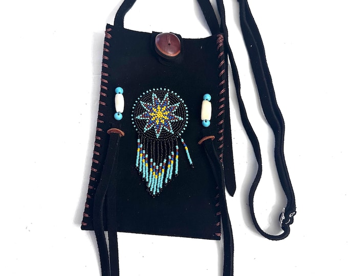 Small Handmade Medicine Leather Bag with Seed Bead Work