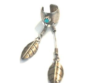 Sterling Silver Native American Turquoise Dangle Ear Cuff, Sterling Silver Ear Cuff Earring, Navajo Turquoise Ear Cuff