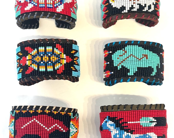 Unisex Leather Beaded Wide Cuff Bracelet / Bead Work Design