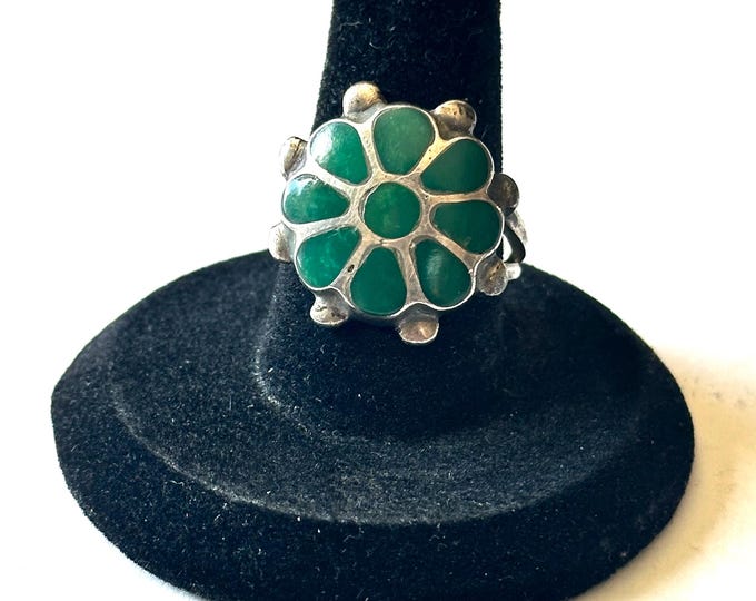 Sz 7.5  Vintage Native American Green Turquoise Inlay, Sterling Silver Ring
