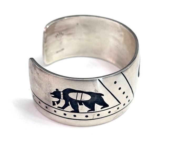 Vintage Sterling Silver Hopi Bear and Bear Paw Cuff Bracelet, 67 Grams