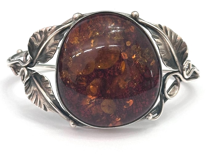 Vintage Sterling Silver Baltic Amber Leaves Design Cuff Bracelet