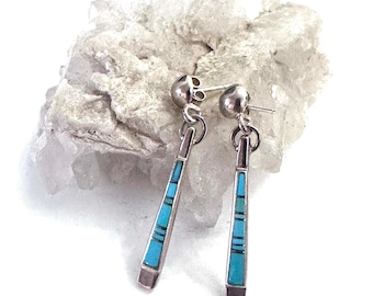 VTG Sterling Silver Turquoise Inlay Dangle Post Earrings (E010)