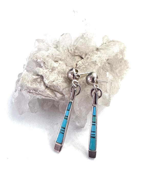 VTG Sterling Silver Turquoise Inlay Dangle Post Earrings (E010)
