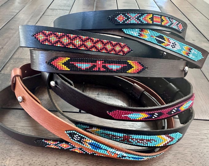 Leather Hat-band with Beaded Work, Adjustable, Cowgirl / Cowboy Hat Accessory