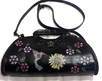Mexican Hand Tooled Leather Shoulder Bag/ Adjustable Strap