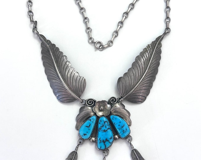 Intricate Vintage Navajo Sterling Silver Turquoise Necklace 18 Inches 44 Grams N008