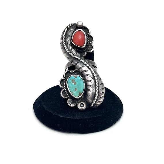 Huge Native American Vintage Sterling Silver -Turquoise Coral Ring Size 7 (A036)